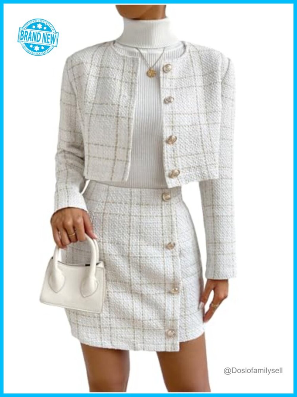 Plaid Tweed Blazer and Skirt Set Long Sleeve Button Front Business Casual